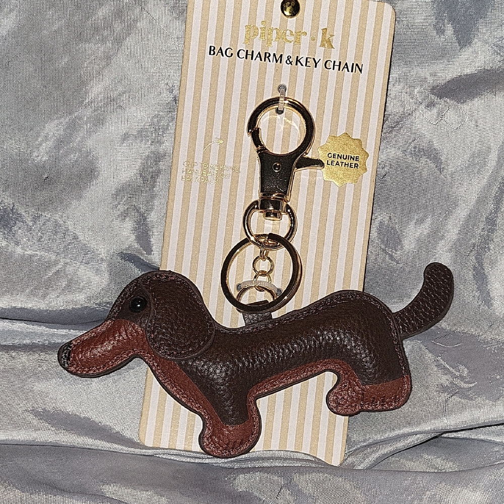 Piper K Two-Tone Brown Leather Dachshund Bag Charm Key Chain BNWT Ti